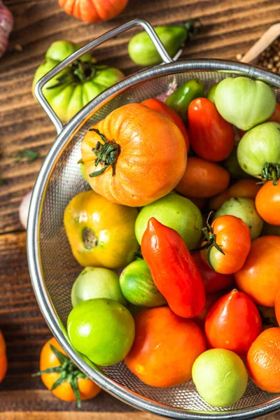 Colorful Ripe Tomatoes Wooden Table — Φωτογραφία Αρχείου