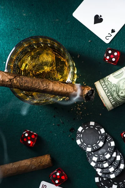 Gambling Addiction Concept Poker Dice Cards Games Money — Stok fotoğraf