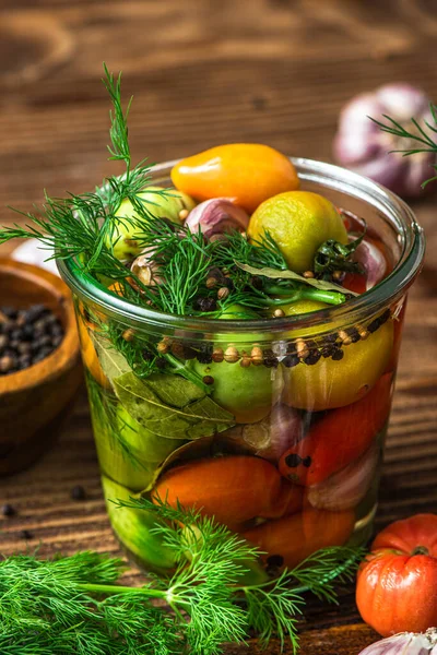 Pickled Tomatoes Jar Herbs Healthy Preserved Food — 图库照片