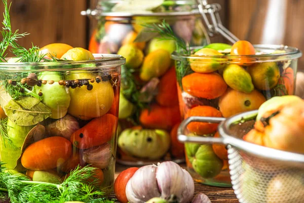 Homemade Preserves Pickled Tomatoes Conserve Food Jar — Stockfoto
