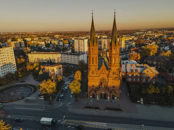 Tarnow Cathedral Church at Sunset. Aerial Drone View. Polish City.