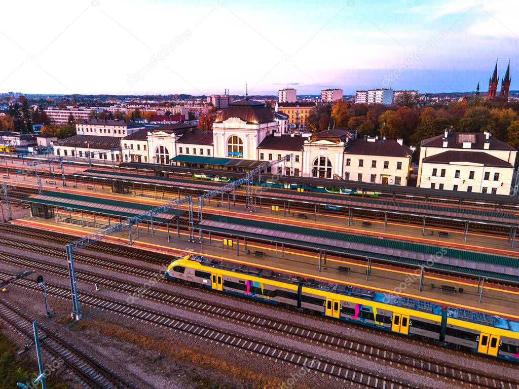 Tarnow Aerial Drone View of Train Station at Sunset.