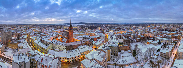 Panoramic drone view over Tarnow cityscape in winter.