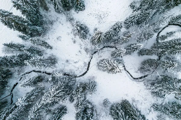 Paesaggio Invernale Con Fiume Congelato Vista Drone Dall Alto Verso — Foto Stock