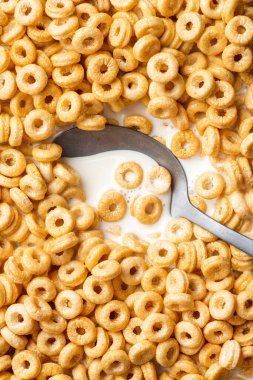 Sağlıklı kahvaltı. Mısır gevreği halkaları ve süt. Kapat..