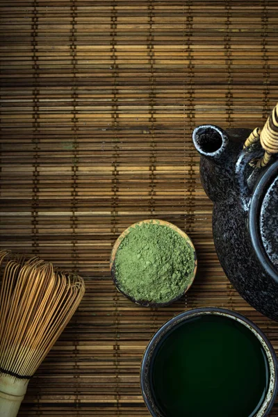 Green Matcha Tea Ceremony Bamboo Background Top View — Stock Photo, Image