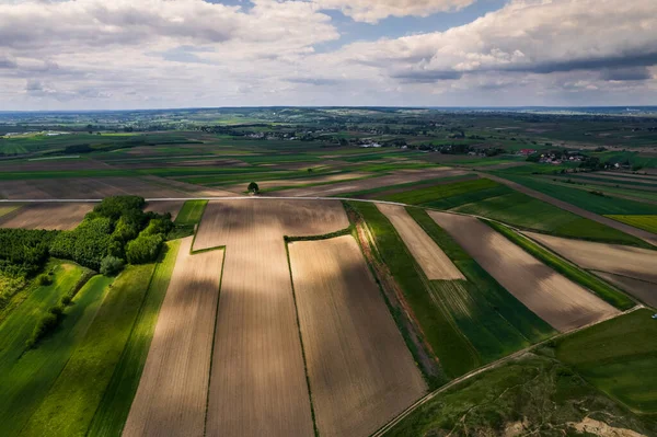 Kleurrijke Weelderige Akkers Landelijke Landschap Luchtdrone View Poolse Landbouwgebieden — Stockfoto