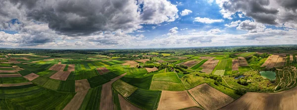 Farbenfrohe Bauernfelder Polen Frühling Drohnen Panorama Aus Der Luft — Stockfoto