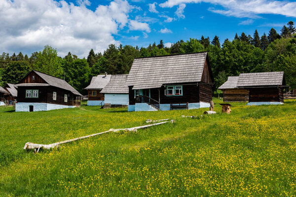Деревянная современная деревня возле замка Стара-Любовна в Словакии.