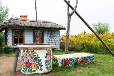 ZALIPIE, POLAND - 30 HAZİRAN 2022: Renkli Köy - Polonya 'nın Zalipie kentinde geleneksel çiçek işleme güdüsüne sahip renkli evleri olan miras parkı.