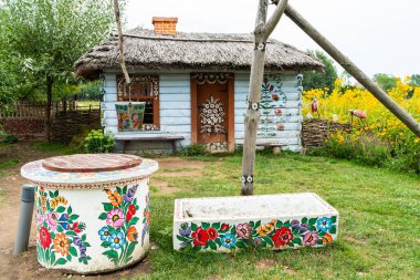 ZALIPIE, POLAND - 30 HAZİRAN 2022: Renkli Köy - Polonya 'nın Zalipie kentinde geleneksel çiçek işleme güdüsüne sahip renkli evleri olan miras parkı.