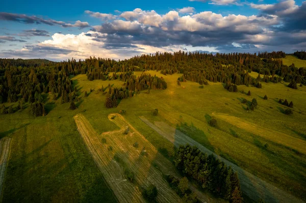 Prados Pasto Colinas Rolantes Montanhas Vista Drone Verão Campo Polônia — Fotografia de Stock