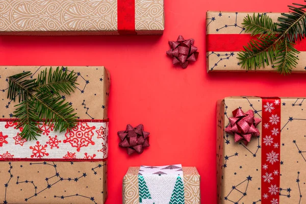 Christams Gifts Boxes Red Festive Background Flat Lay — Stock Photo, Image