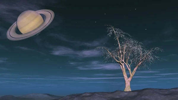 Fantasy landskap visar Saturnus Stockfoto