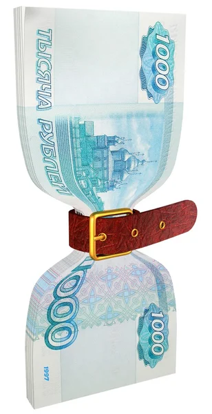 Pack of 1000 ruble banknotes tightly constricted belt — Stock Photo, Image