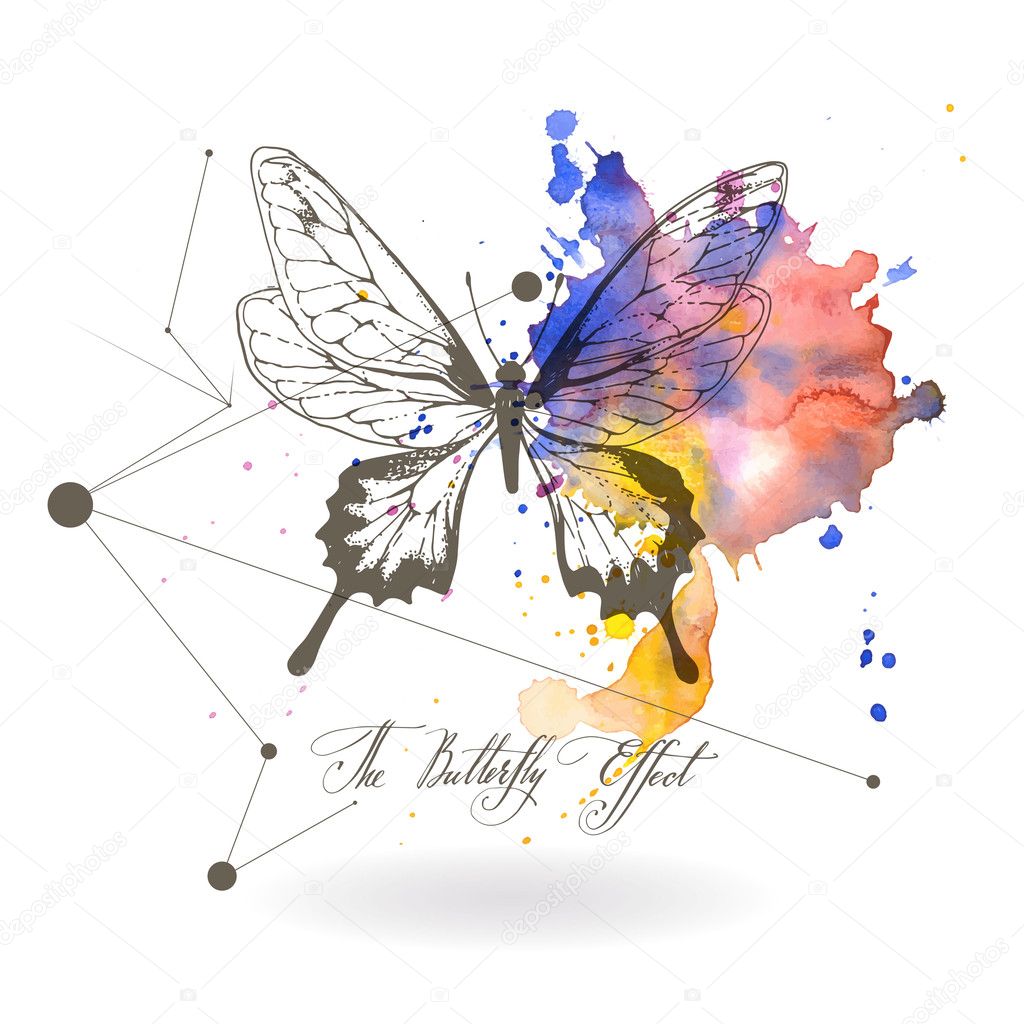 Abstract background with the image of a butterfly. The Butterfly Effect - a calligraphic inscription.