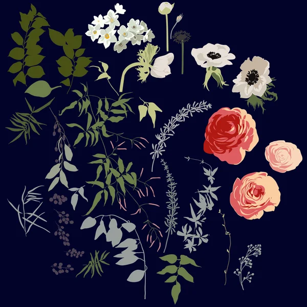 Stort antal blommor, bär och blad till buketter och andra grafiska element — Stock vektor