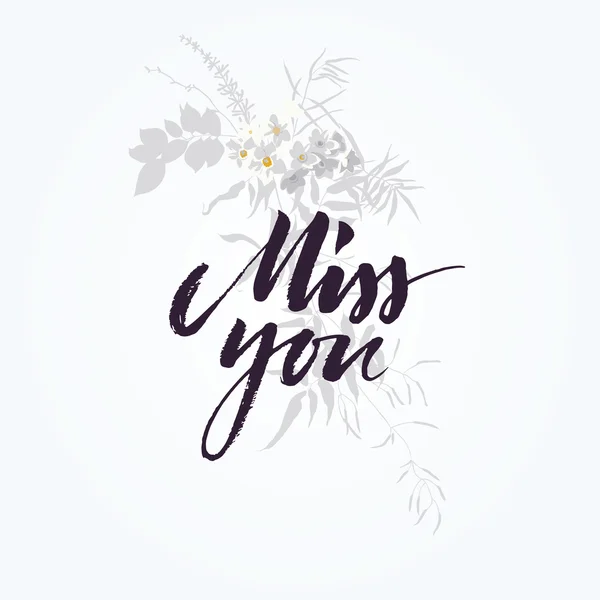 Main dessinée miss you carte avec bouquet de fleurs — Image vectorielle