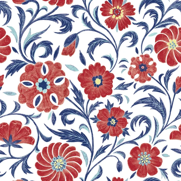 Gentle Poppies Field Pattern Blue Red — Zdjęcie stockowe