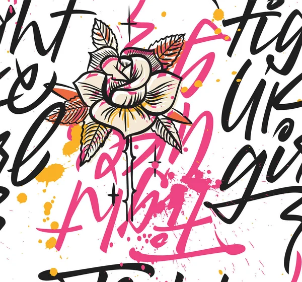 女孩力量 女权主义概念 图案设计中带有纹身玫瑰和斑点的笔迹字体 — 图库矢量图片