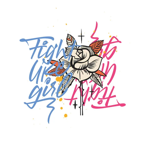 Meisjeskracht Feminisme Concept Kalligrafische Belettering Met Tattoo Roos Vlekken Sticker — Stockvector