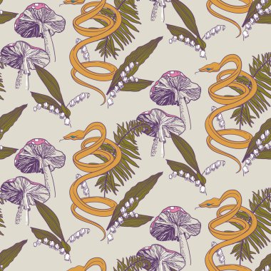 Zehirli mantarlar, vadi zambakları ve eğrelti otları arasında saldırıya hazırlanan bir yılan. Kusursuz desen. Vektör illüstrasyonu