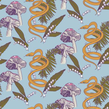 Zehirli mantarlar, vadi zambakları ve eğrelti otları arasında saldırıya hazırlanan bir yılan. Kusursuz desen. Vektör illüstrasyonu