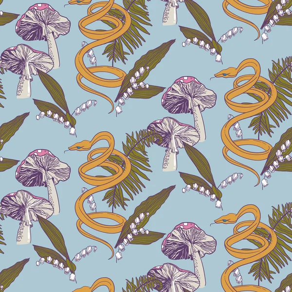 Zehirli mantarlar, vadi zambakları ve eğrelti otları arasında saldırıya hazırlanan bir yılan. Kusursuz desen. Vektör illüstrasyonu