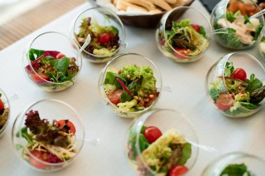 Farklı aperatifler antipasti, şarküteri, aperatifler ve kırmızı şarap. Açık büfe partisi için sosis, jambon, tapas, zeytin ve kraker. Üst manzara, düz uzanma