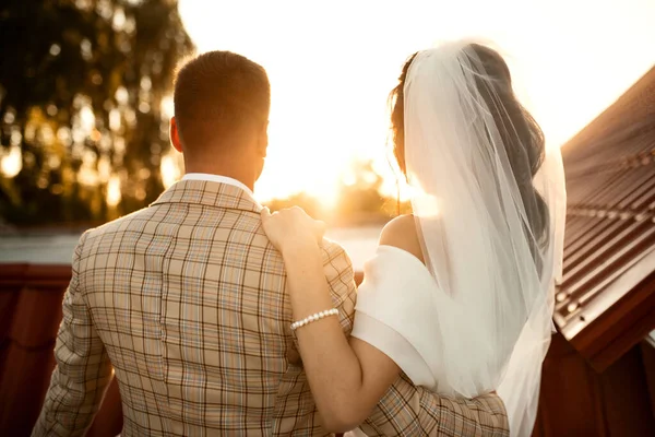 Happy Young Bride Woman White Dress Running Sunset Light Blowned — 图库照片