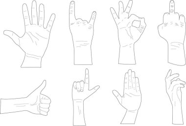 Eight silhouettes of different positions of vector hands