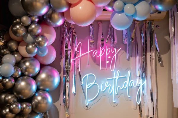 Colorful neon happy birthday. Trendy style. Happy Birthday background. Neon sign. Custom neon. Party decor.