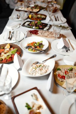 Farklı aperatifler antipasti, şarküteri, aperatifler ve kırmızı şarap. Açık büfe partisi için sosis, jambon, tapas, zeytin ve kraker. Üst manzara, düz uzanma