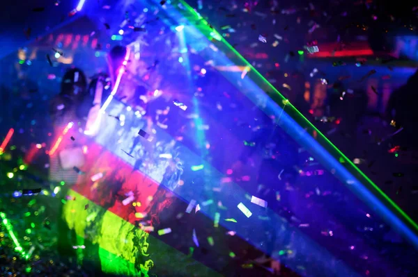 Laser Show Rays Stream Very Colorful Show Crowd Silhouette Great — Fotografia de Stock
