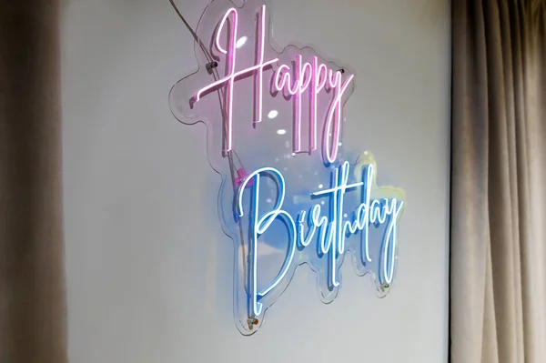 Colorful neon happy birthday. Trendy style. Happy Birthday background. Neon sign. Custom neon. Party decor.