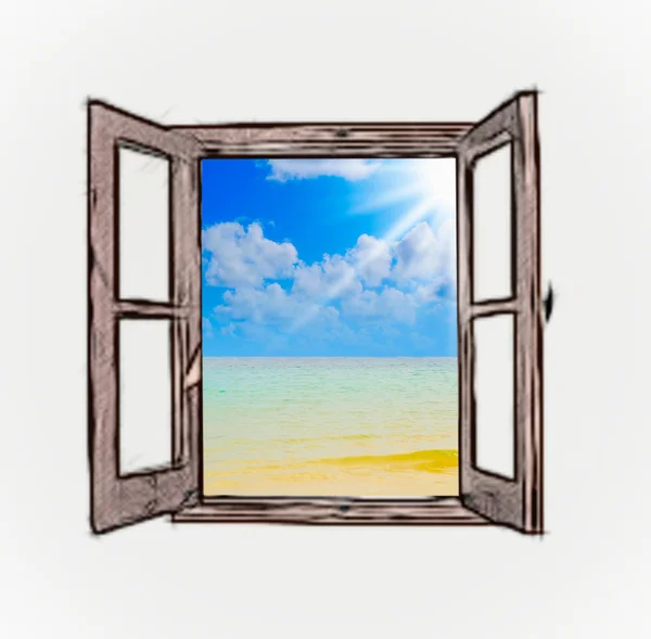 Sea view through an open window — Stock Photo, Image