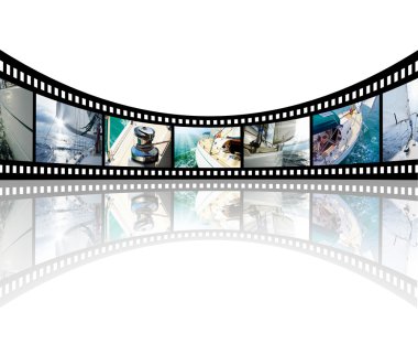 Film strip with pictures Yacht in the open sea