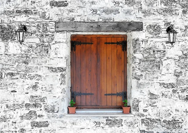 Taş duvardaki ahşap pencere. — Stok fotoğraf