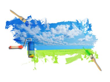 Mavi güneşli gökyüzü karşı yeşil çimen