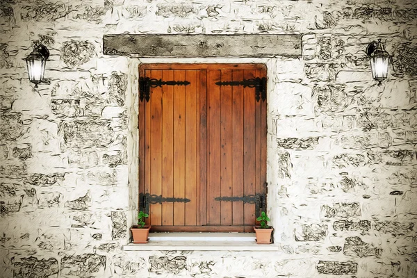 Finestra di legno nel muro di pietra — Foto Stock