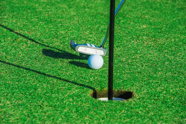 Golf club. Green field and ball in grass — Stock Photo, Image