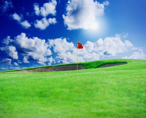 Golf club. Green field and ball in grass — Stock Photo, Image