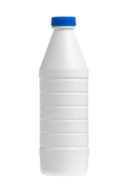 Beyaz arka plan üzerinde izole mavi bir kap süt şişesi