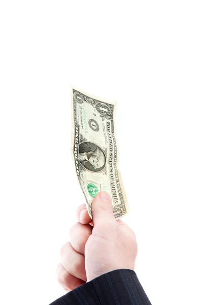 A férfi kezében egy dollárost. — Stock Fotó