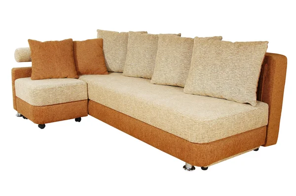 Коричневий диван з тканинною оббивкою ізольований на білому тлі — стокове фото