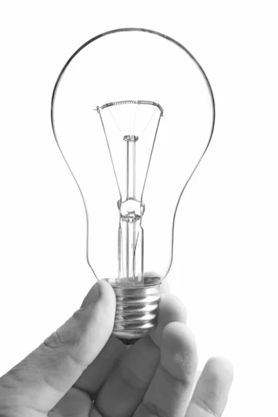 Bulb lamp in hand, isolated on white. B\W — Stock Photo, Image