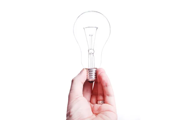 Bulb (lamp) in hand, isolated on white — Stock Photo, Image