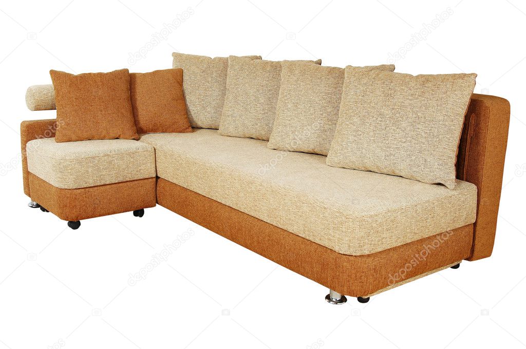 brown sofa with fabric upholstery isolated on white background