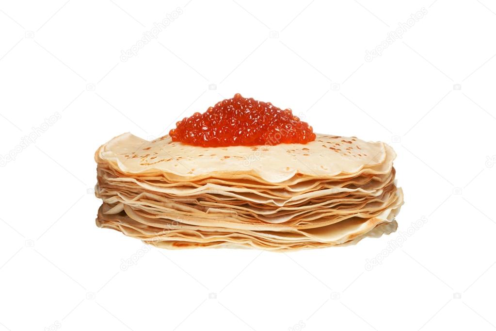 pancakes with caviar isolated on white