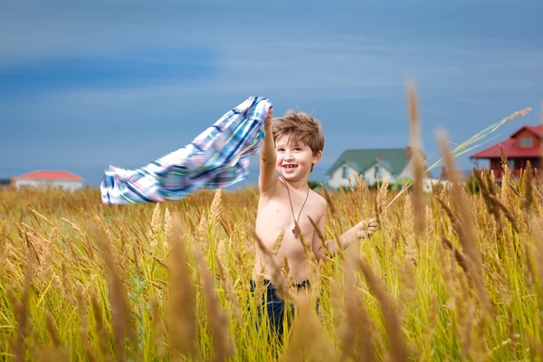 Menino alegre correndo em um campo — Fotografia de Stock